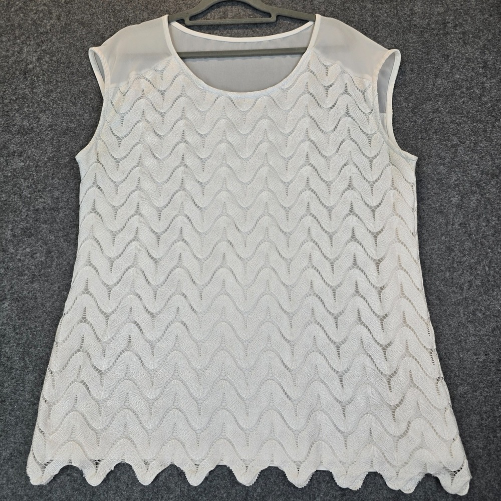 Roz & Ali Blouse Top Women 1X White Scalloped Edge Overlay Round Neck Sleeveless